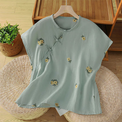 Buddha Stones Summer Casual Tang Style Mandarin Collar Embroidery Floral Tank Top Women's Sleeveless Shirts