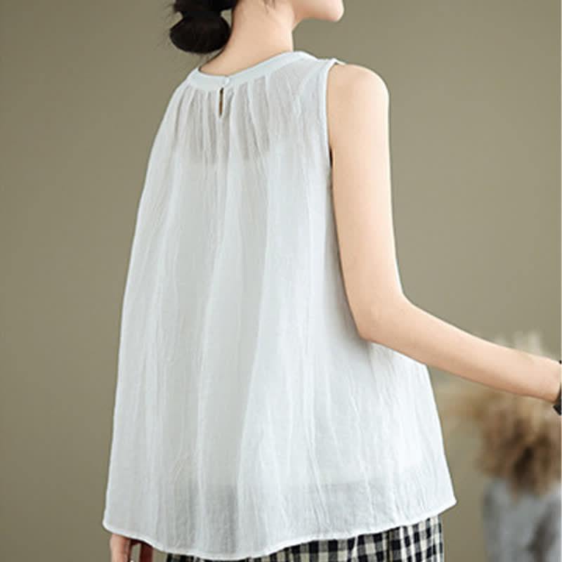 Buddha Stones Summer Wrinkles Simple Design Crew Neck Women's Sleeveless Vest Waistcoat