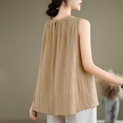 Buddha Stones Summer Wrinkles Simple Design Crew Neck Women's Sleeveless Vest Waistcoat