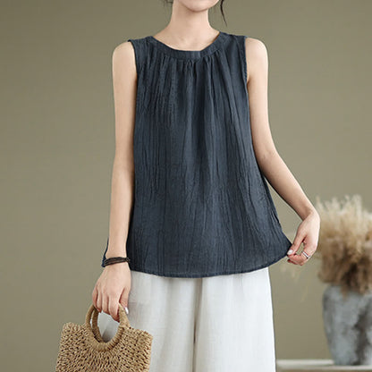 Buddha Stones Summer Wrinkles Simple Design Crew Neck Women's Sleeveless Vest Waistcoat