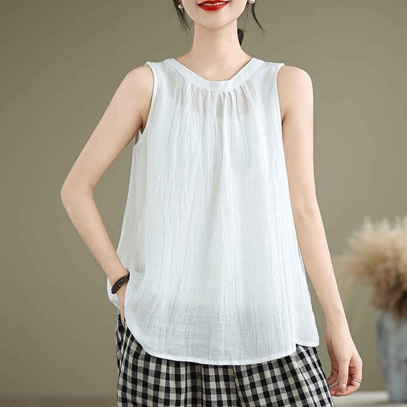 Buddha Stones Summer Wrinkles Simple Design Crew Neck Women's Sleeveless Vest Waistcoat