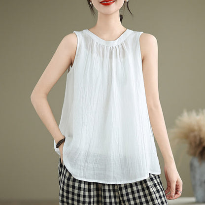 Buddha Stones Summer Wrinkles Simple Design Crew Neck Women's Sleeveless Vest Waistcoat