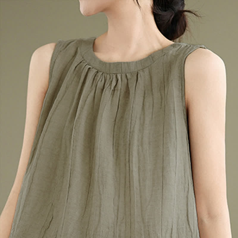 Buddha Stones Summer Wrinkles Simple Design Crew Neck Women's Sleeveless Vest Waistcoat