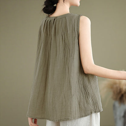 Buddha Stones Summer Wrinkles Simple Design Crew Neck Women's Sleeveless Vest Waistcoat
