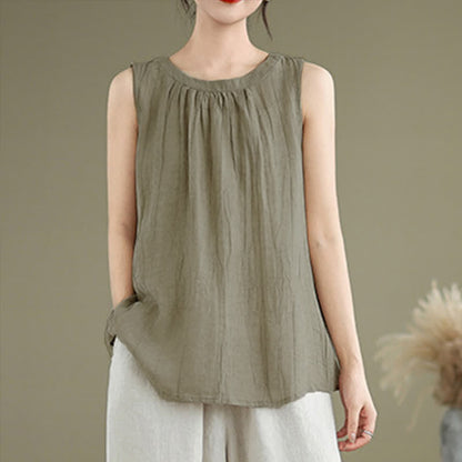 Buddha Stones Summer Wrinkles Simple Design Crew Neck Women's Sleeveless Vest Waistcoat