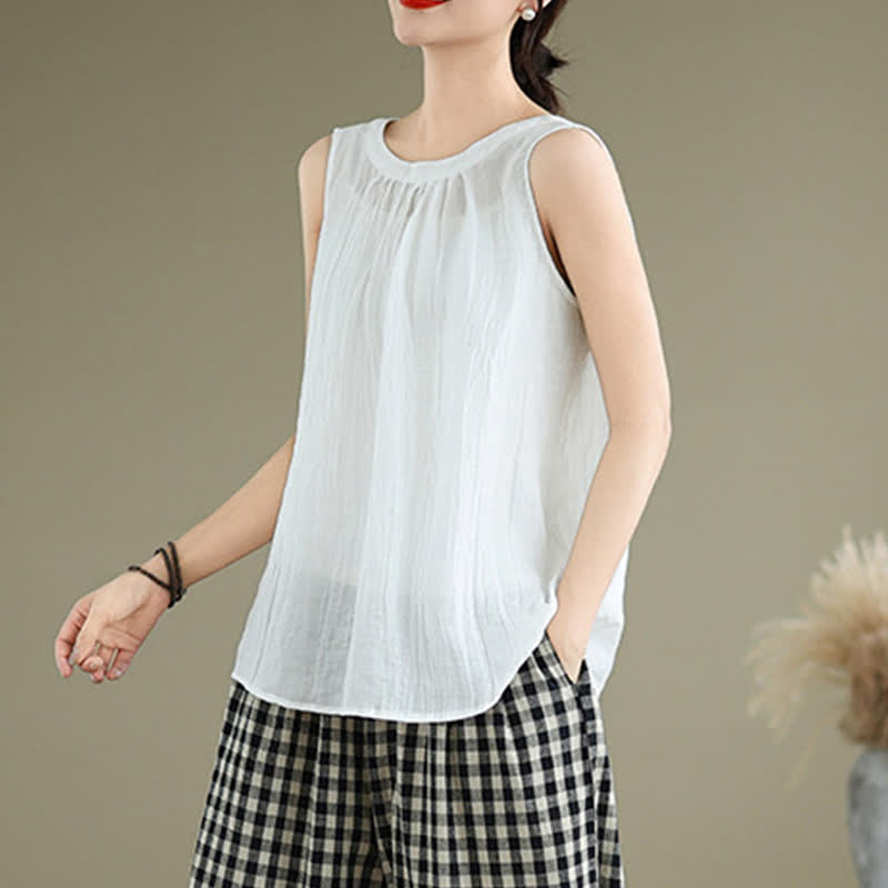 Buddha Stones Summer Wrinkles Simple Design Crew Neck Women's Sleeveless Vest Waistcoat