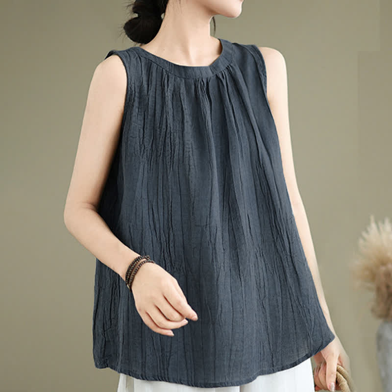 Buddha Stones Summer Wrinkles Simple Design Crew Neck Women's Sleeveless Vest Waistcoat