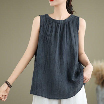 Buddha Stones Summer Wrinkles Simple Design Crew Neck Women's Sleeveless Vest Waistcoat