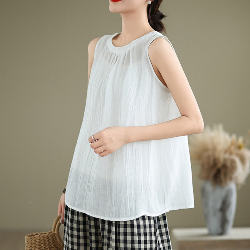 Buddha Stones Summer Wrinkles Simple Design Crew Neck Women's Sleeveless Vest Waistcoat