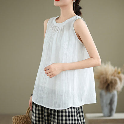 Buddha Stones Summer Wrinkles Simple Design Crew Neck Women's Sleeveless Vest Waistcoat