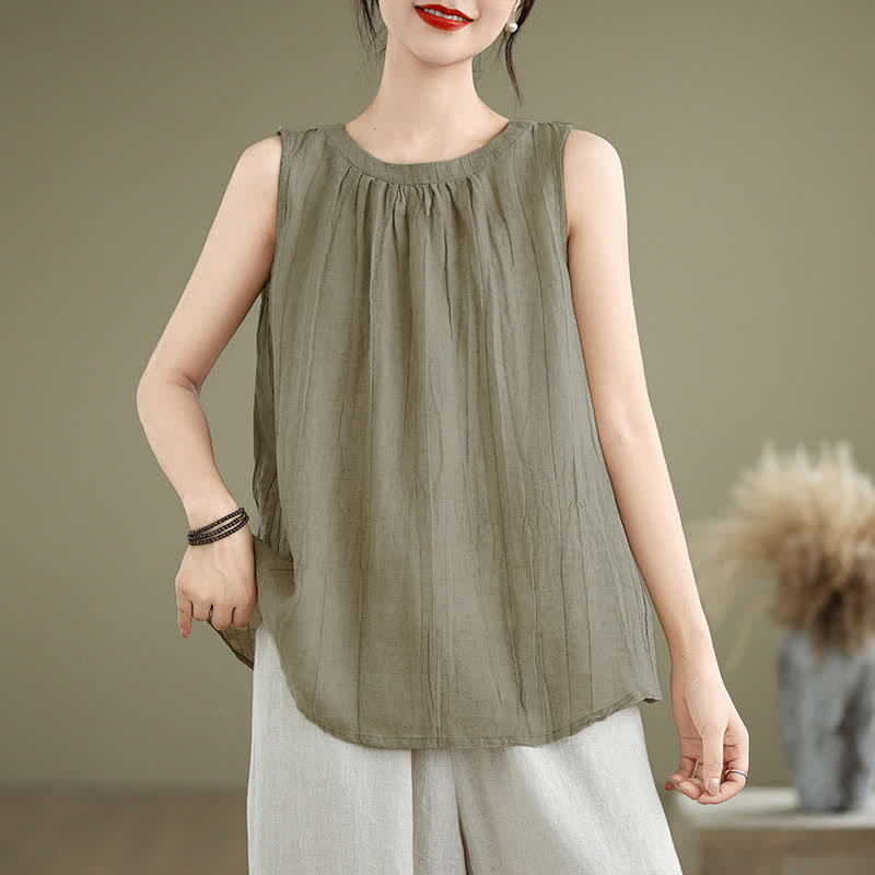 Buddha Stones Summer Wrinkles Simple Design Crew Neck Women's Sleeveless Vest Waistcoat