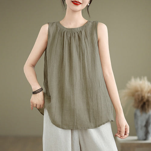 Buddha Stones Summer Wrinkles Simple Design Crew Neck Women's Sleeveless Vest Waistcoat