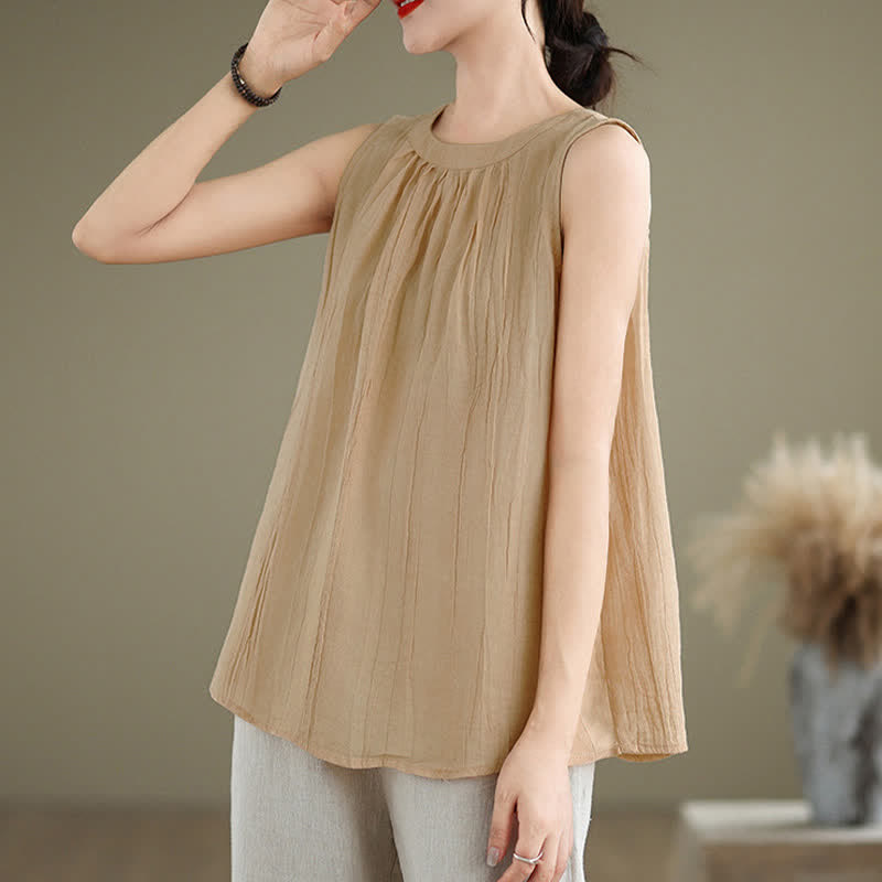Buddha Stones Summer Wrinkles Simple Design Crew Neck Women's Sleeveless Vest Waistcoat