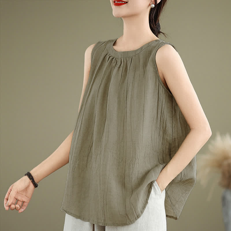 Buddha Stones Summer Wrinkles Simple Design Crew Neck Women's Sleeveless Vest Waistcoat
