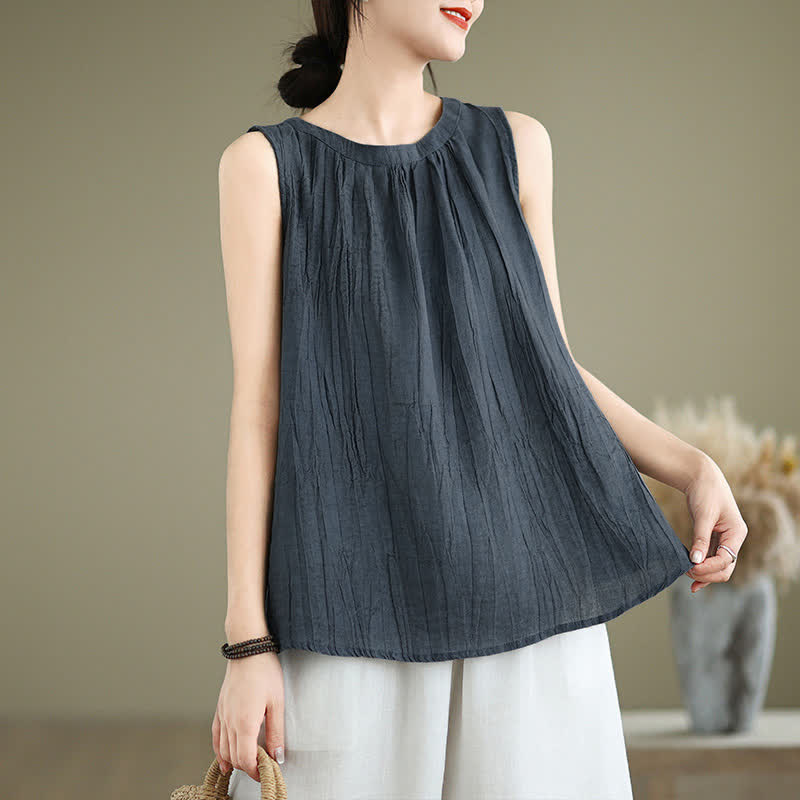 Buddha Stones Summer Wrinkles Simple Design Crew Neck Women's Sleeveless Vest Waistcoat