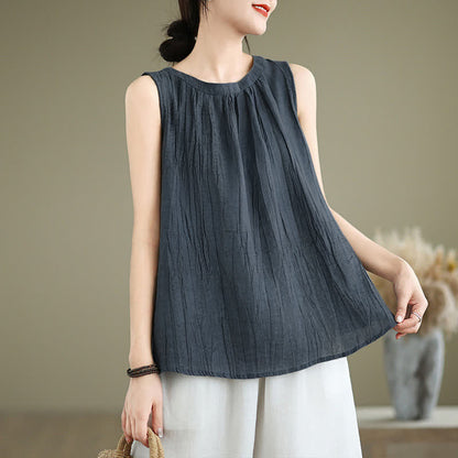 Buddha Stones Summer Wrinkles Simple Design Crew Neck Women's Sleeveless Vest Waistcoat