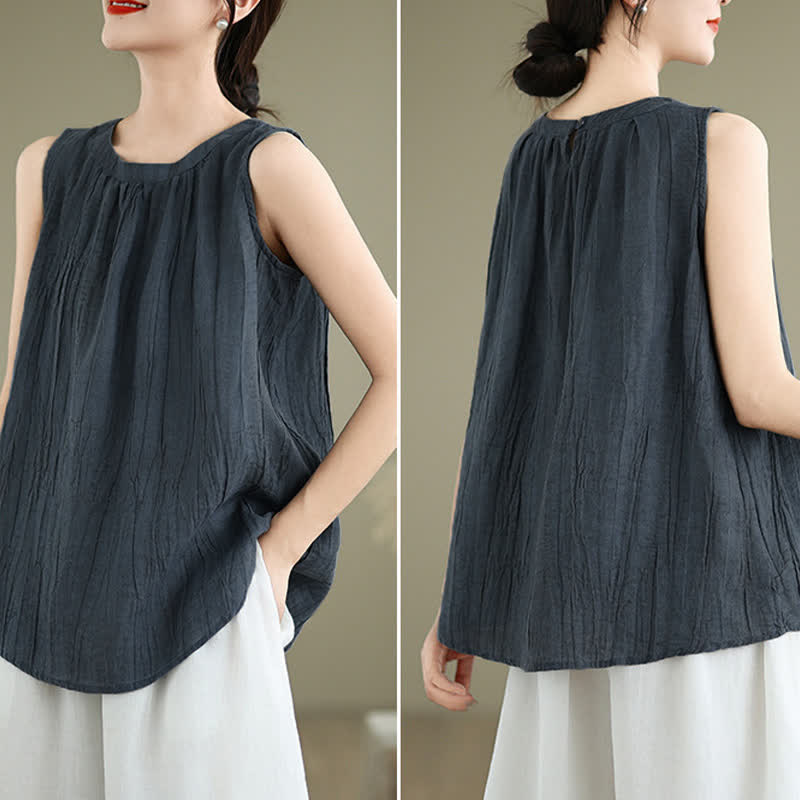 Buddha Stones Summer Wrinkles Simple Design Crew Neck Women's Sleeveless Vest Waistcoat