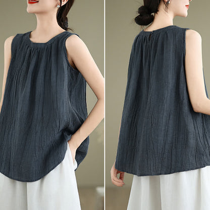 Buddha Stones Summer Wrinkles Simple Design Crew Neck Women's Sleeveless Vest Waistcoat