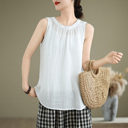 Buddha Stones Summer Wrinkles Simple Design Crew Neck Women's Sleeveless Vest Waistcoat