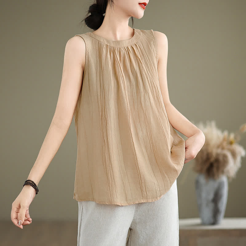 Buddha Stones Summer Wrinkles Simple Design Crew Neck Women's Sleeveless Vest Waistcoat