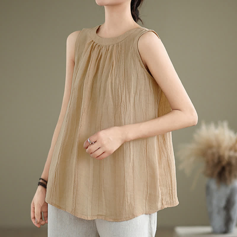 Buddha Stones Summer Wrinkles Simple Design Crew Neck Women's Sleeveless Vest Waistcoat