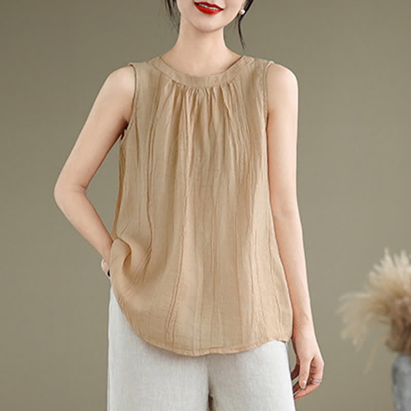 Buddha Stones Summer Wrinkles Simple Design Crew Neck Women's Sleeveless Vest Waistcoat