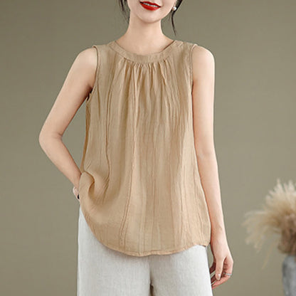 Buddha Stones Summer Wrinkles Simple Design Crew Neck Women's Sleeveless Vest Waistcoat