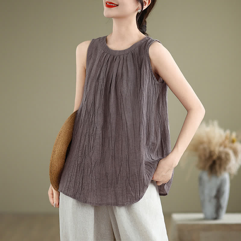 Buddha Stones Summer Wrinkles Simple Design Crew Neck Women's Sleeveless Vest Waistcoat