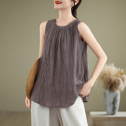 Buddha Stones Summer Wrinkles Simple Design Crew Neck Women's Sleeveless Vest Waistcoat
