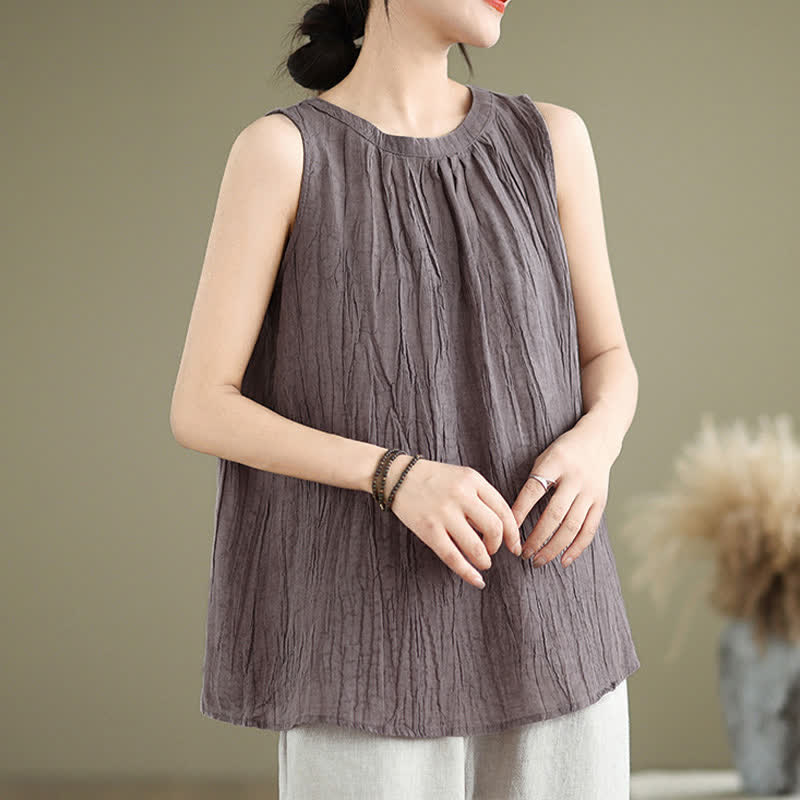 Buddha Stones Summer Wrinkles Simple Design Crew Neck Women's Sleeveless Vest Waistcoat