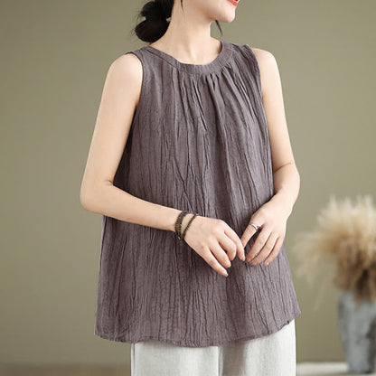 Buddha Stones Summer Wrinkles Simple Design Crew Neck Women's Sleeveless Vest Waistcoat