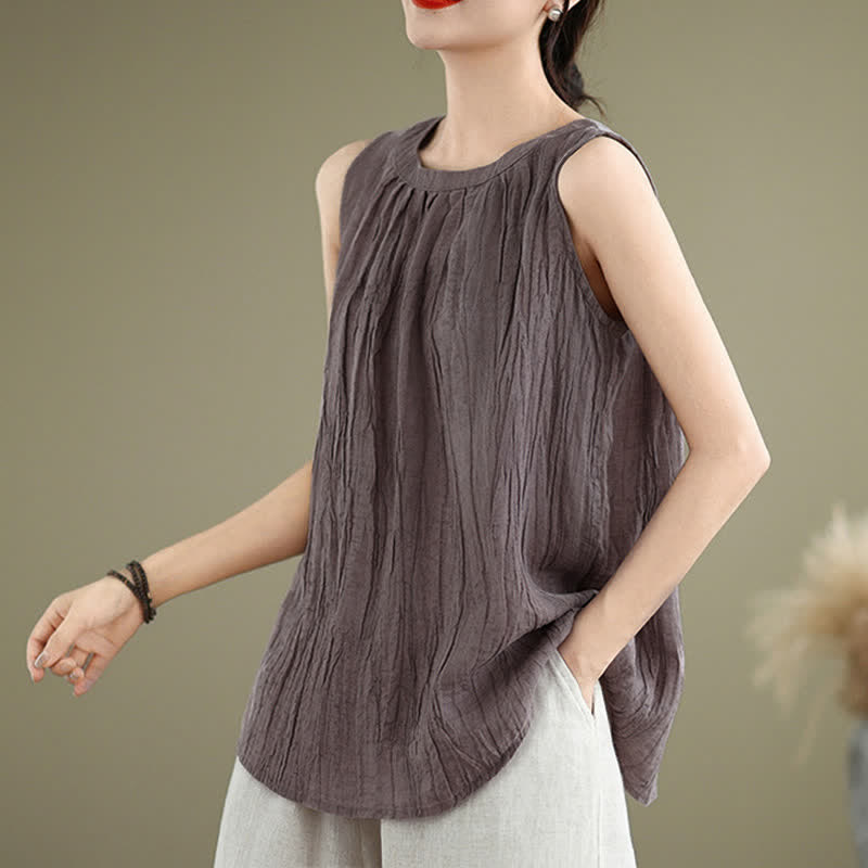 Buddha Stones Summer Wrinkles Simple Design Crew Neck Women's Sleeveless Vest Waistcoat