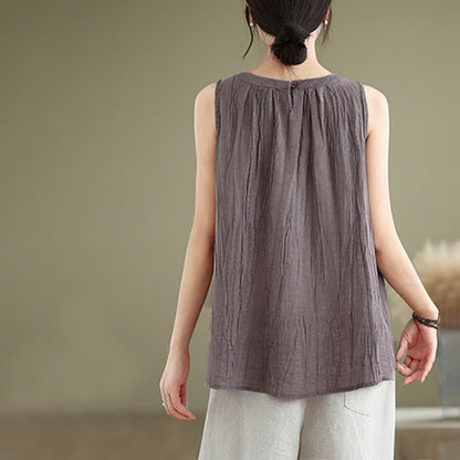 Buddha Stones Summer Wrinkles Simple Design Crew Neck Women's Sleeveless Vest Waistcoat