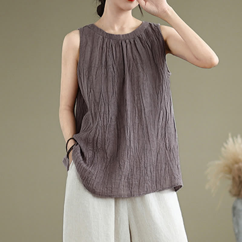 Buddha Stones Summer Wrinkles Simple Design Crew Neck Women's Sleeveless Vest Waistcoat