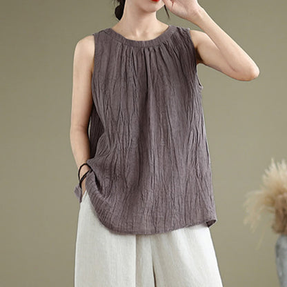 Buddha Stones Summer Wrinkles Simple Design Crew Neck Women's Sleeveless Vest Waistcoat