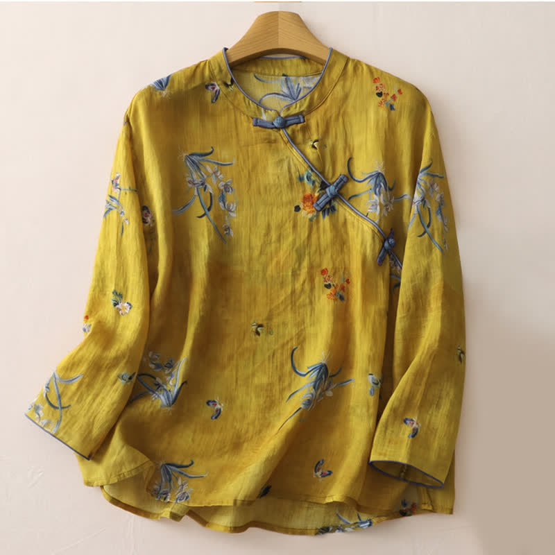 Buddha Stones Summer Tang Style Vintage Frog Button Orchid Floral Women's Sleeveless Shirts Tank Top