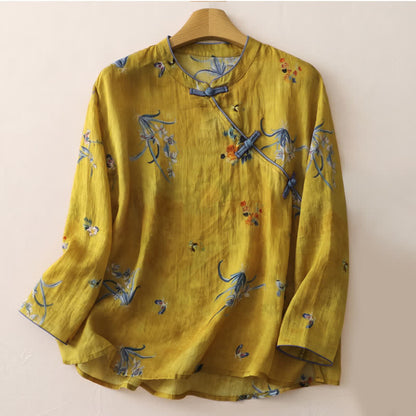 Buddha Stones Summer Tang Style Vintage Frog Button Orchid Floral Women's Sleeveless Shirts Tank Top