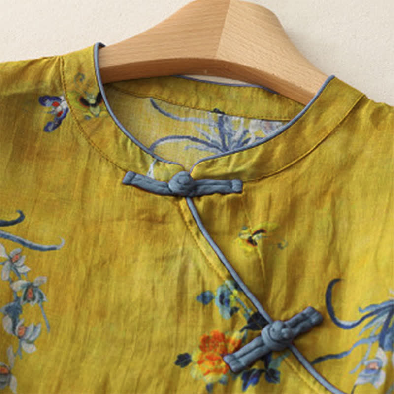 Buddha Stones Summer Tang Style Vintage Frog Button Orchid Floral Women's Sleeveless Shirts Tank Top