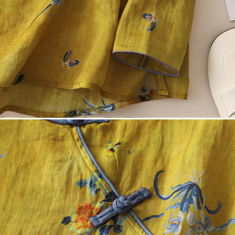 Buddha Stones Summer Tang Style Vintage Frog Button Orchid Floral Women's Sleeveless Shirts Tank Top