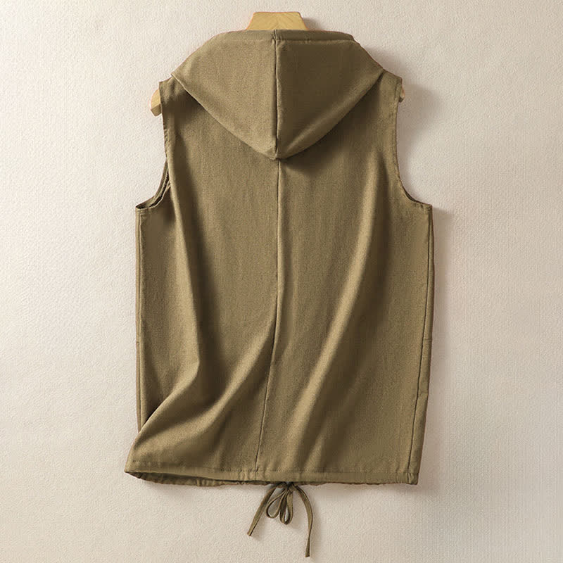 Buddha Stones Summer Casual Drawstring Solid Zipper Design Women's Sleeveless Hooded Shirts With Pockets