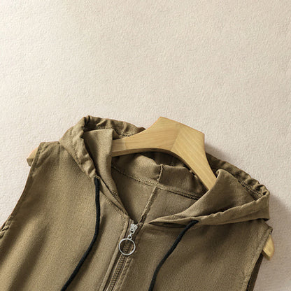 Buddha Stones Summer Casual Drawstring Solid Zipper Design Women's Sleeveless Hooded Shirts With Pockets