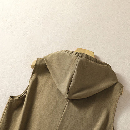 Buddha Stones Summer Casual Drawstring Solid Zipper Design Women's Sleeveless Hooded Shirts With Pockets