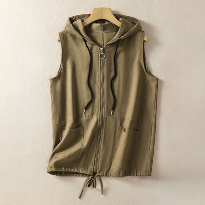 Buddha Stones Summer Casual Drawstring Solid Zipper Design Women's Sleeveless Hooded Shirts With Pockets