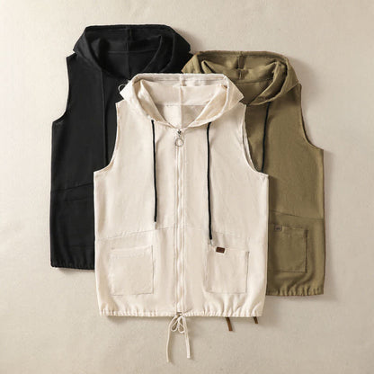 Buddha Stones Summer Casual Drawstring Solid Zipper Design Women's Sleeveless Hooded Shirts With Pockets