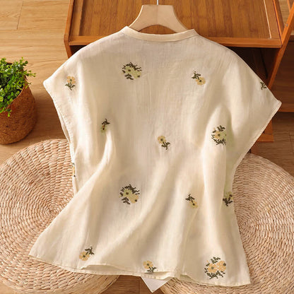 Buddha Stones Summer Casual Tang Style Mandarin Collar Embroidery Floral Tank Top Women's Sleeveless Shirts