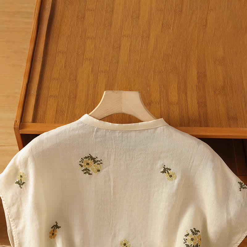 Buddha Stones Summer Casual Tang Style Mandarin Collar Embroidery Floral Tank Top Women's Sleeveless Shirts
