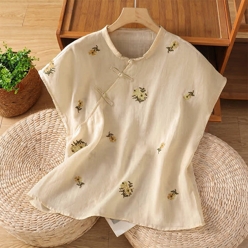 Buddha Stones Summer Casual Tang Style Mandarin Collar Embroidery Floral Tank Top Women's Sleeveless Shirts