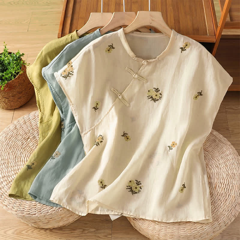 Buddha Stones Summer Casual Tang Style Mandarin Collar Embroidery Floral Tank Top Women's Sleeveless Shirts
