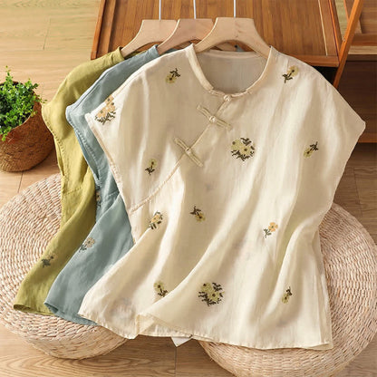 Buddha Stones Summer Casual Tang Style Mandarin Collar Embroidery Floral Tank Top Women's Sleeveless Shirts
