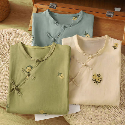 Buddha Stones Summer Casual Tang Style Mandarin Collar Embroidery Floral Tank Top Women's Sleeveless Shirts